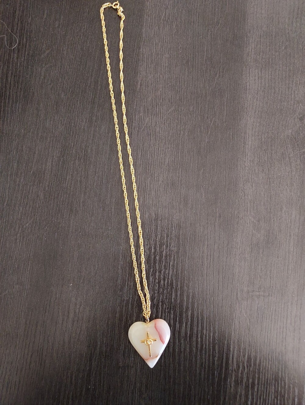 Gold-Tone Chain Necklace with Pink and Cream Heart Pendant